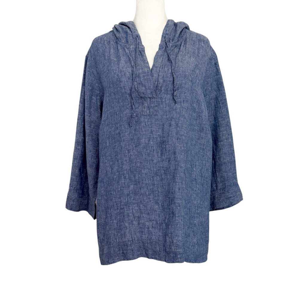 L.L. Bean Linen Blue Boho Coastal Resort Hooded Lagenlook Pullover Tunic Top (L)